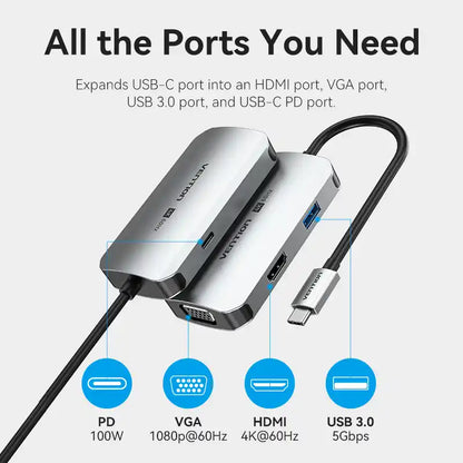 4-in-1 USB-C Docking Station with HDMI, VGA & USB 3.0