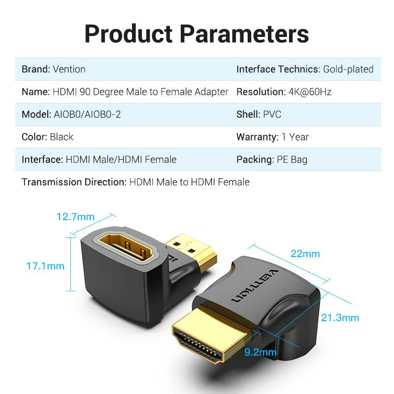 HDMI to Female HDMI 90 Degree Adapter