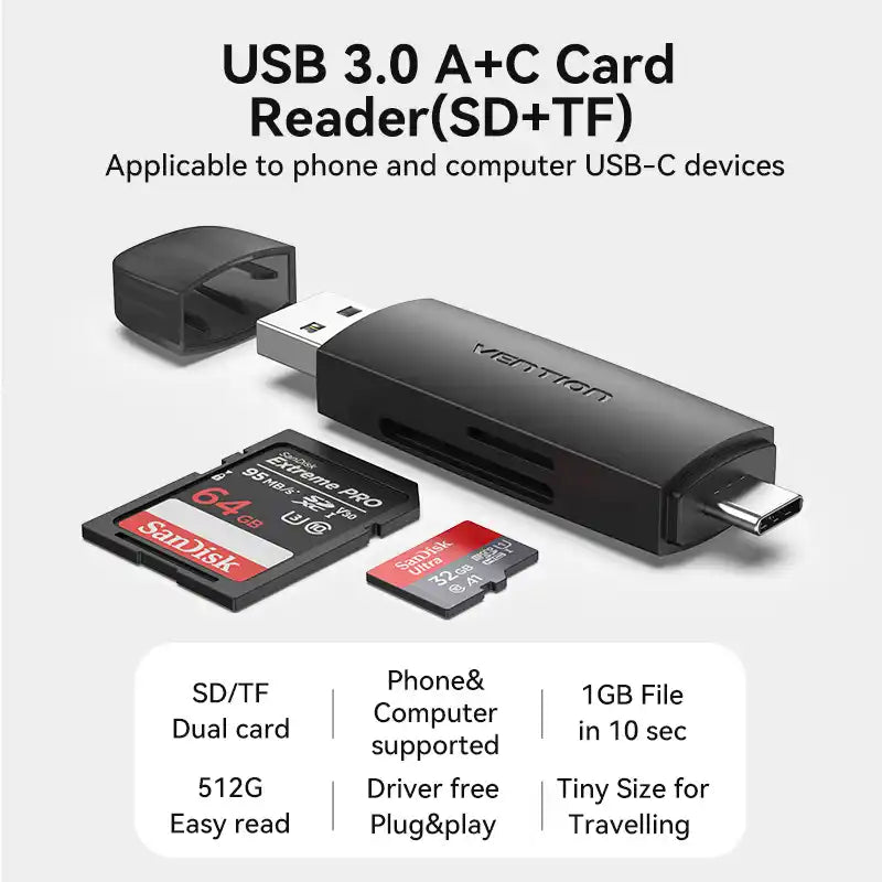 Dual-Interface USB 3.0 Type-A & USB 3.1 Gen 1 Type-C Card Reader (SD & TF)
