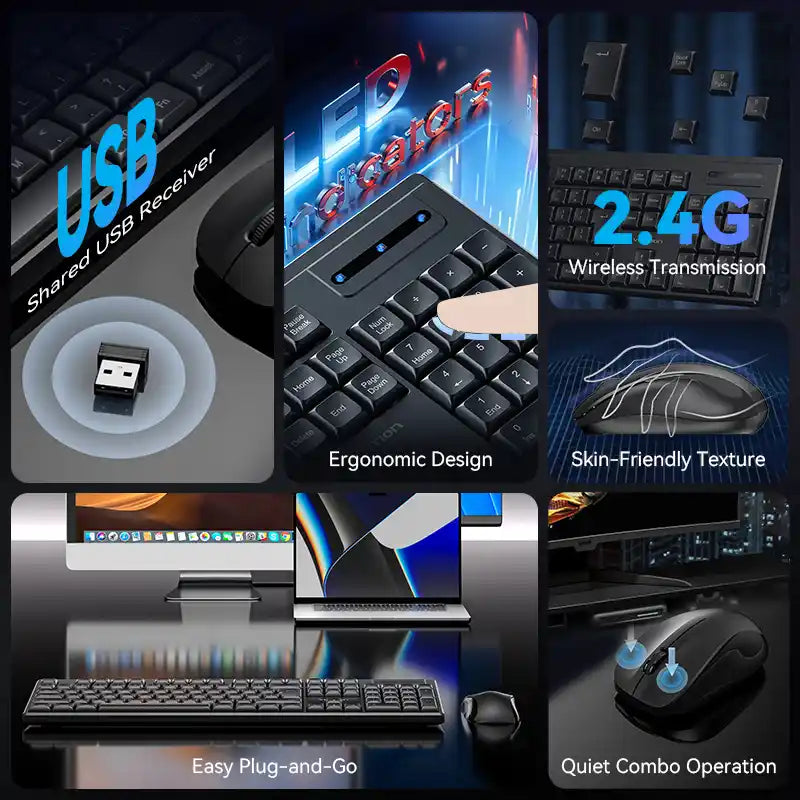 Full-Sized Silent Keyboard and Mouse Combo Black Slim Type