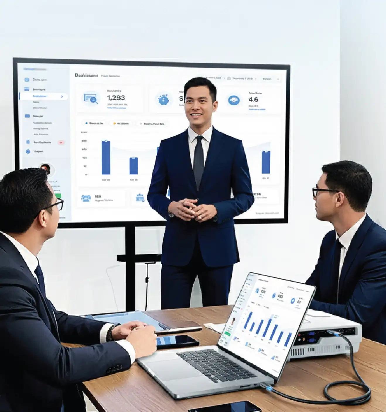 Man in a suit standing in front of a screen displaying graphs and data, with two other men sitting at a table with laptops.