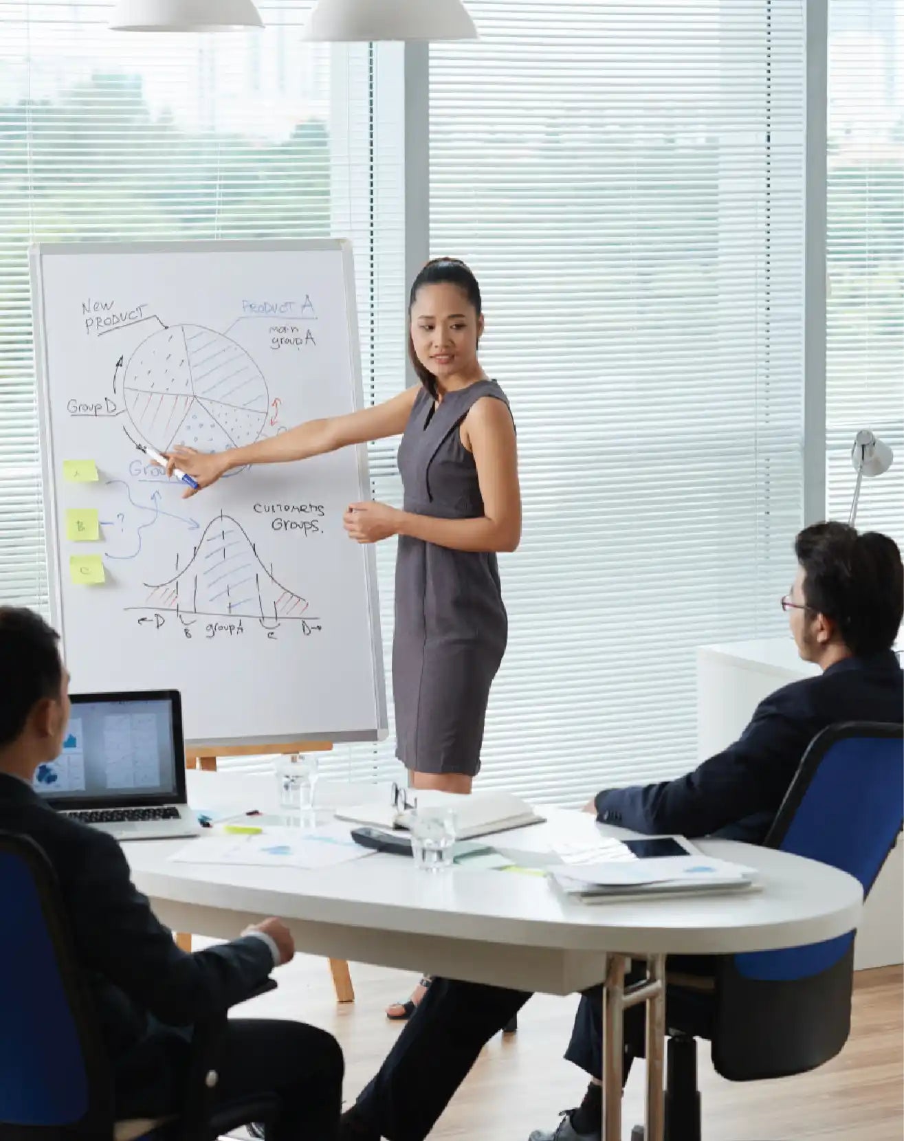 Business professional presenting product strategy and market analysis to a team during a conference room meeting.