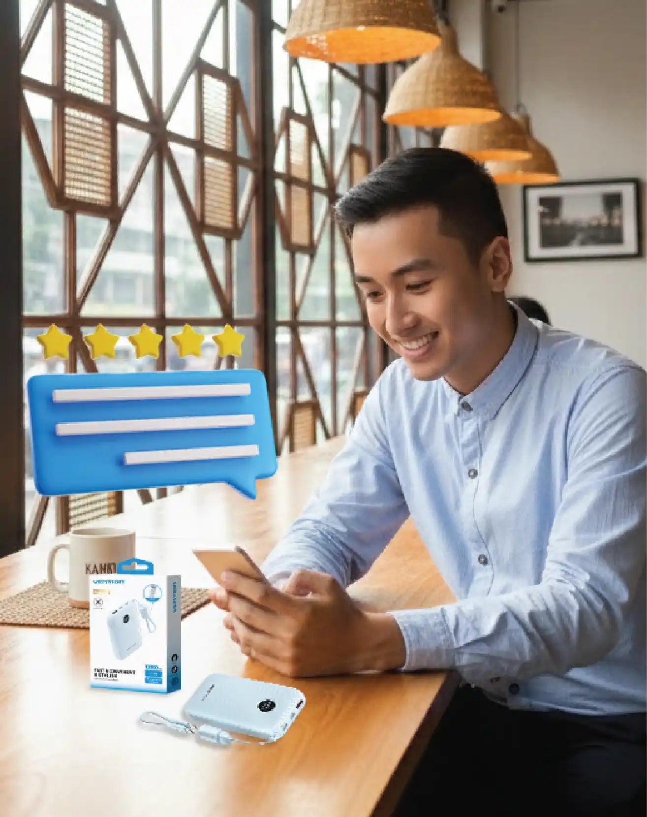 Customer using an electronic accessory while sharing product feedback and rating through a mobile device.