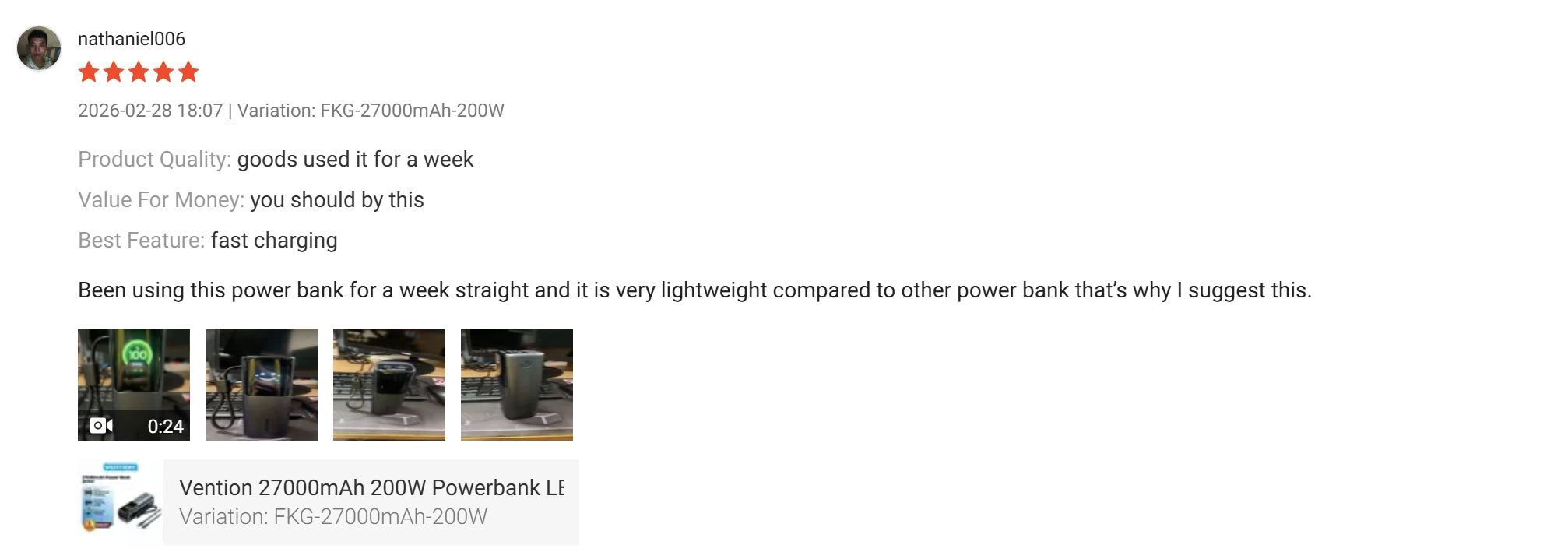 Positive 5-star review for Vention 27000mAh 200W Power Bank showing a lightweight design and fast charging feature with video and photo demonstrations.