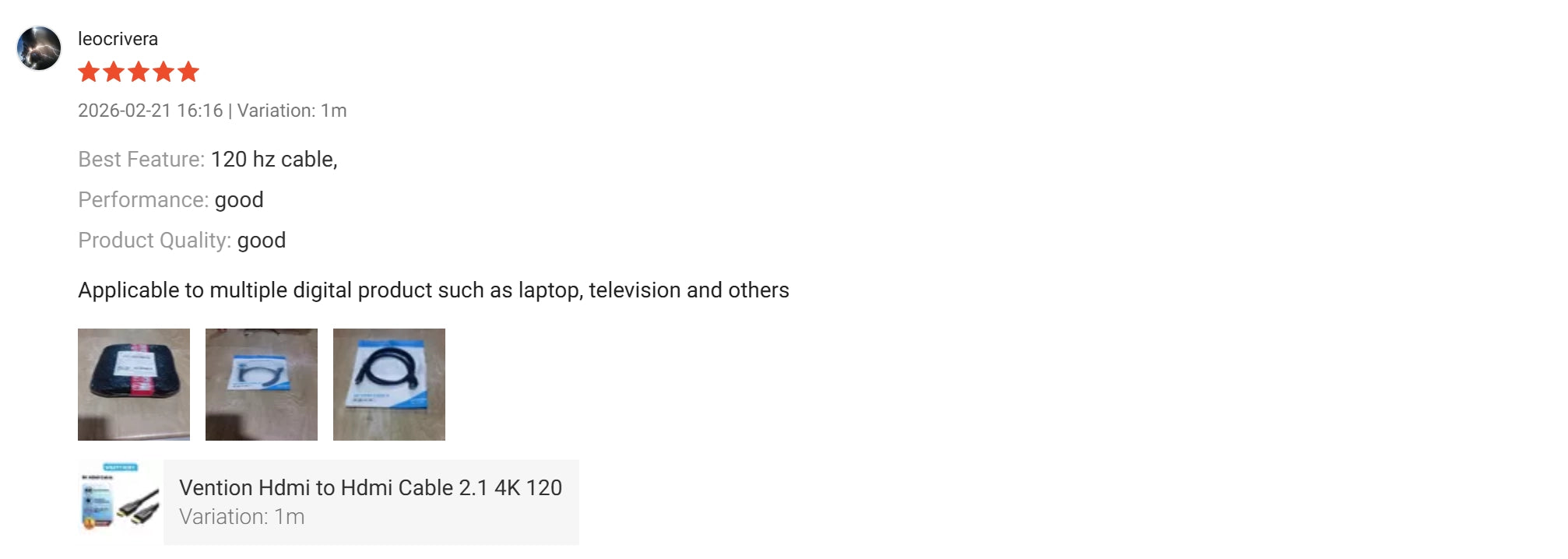 Vention HDMI to HDMI Cable 2.1 4K 120Hz customer review with 5 stars, describing it as a good quality cable applicable for laptops and televisions.