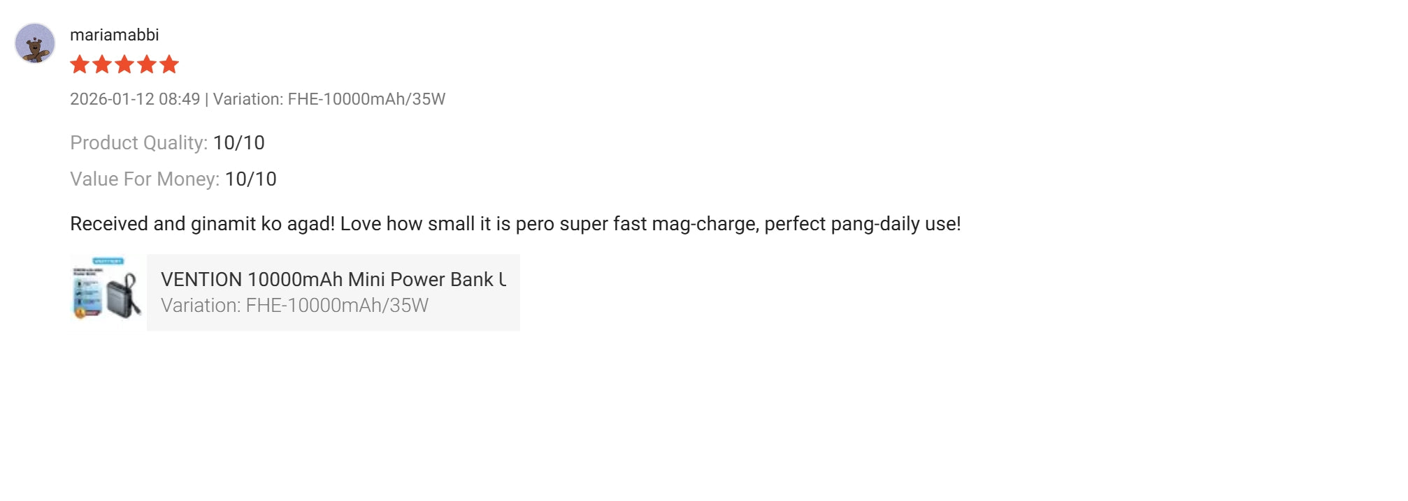 5-star user feedback for Vention 10000mAh Mini Power Bank 35W, emphasizing its small size and fast charging capabilities for daily use.