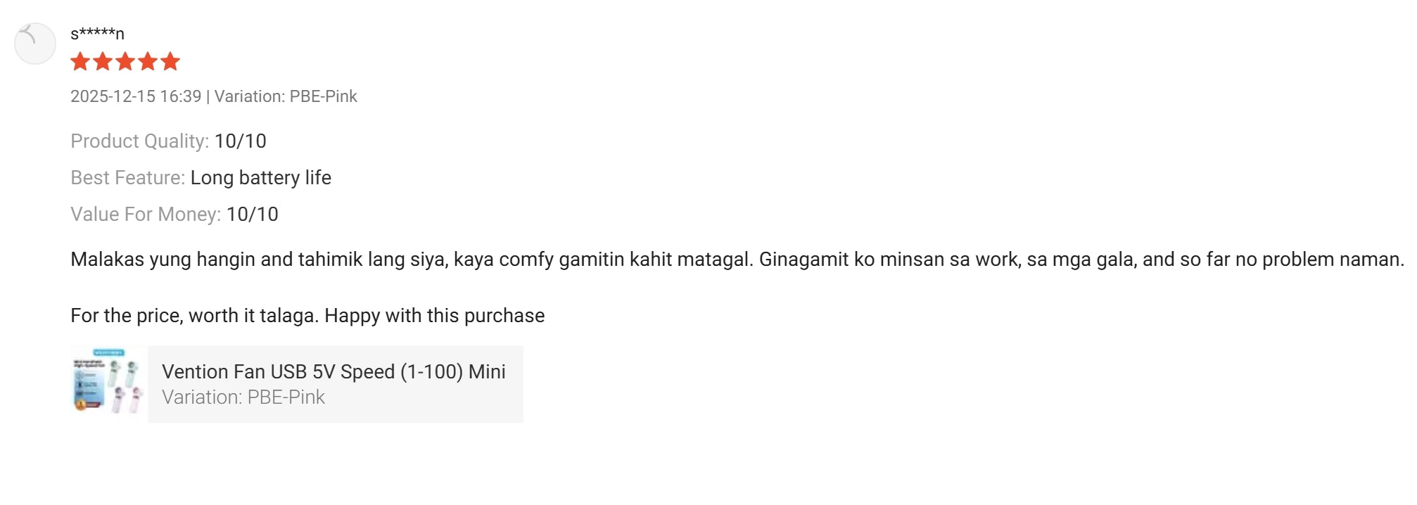 Highly rated review for Vention Fan USB 5V Mini with 1-100 speed control, noting the quiet motor and long battery life in pink variation.