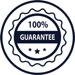A circular seal with "100% GUARANTEE" text and three decorative stars.
