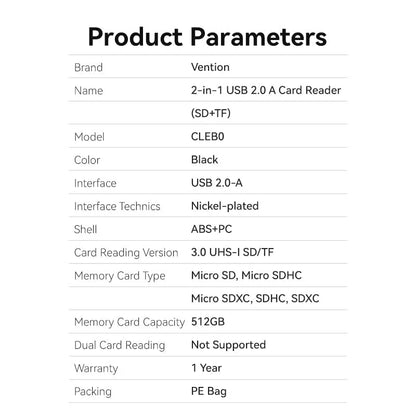 USB 2.0 Type-A Card Reader (SD & TF)