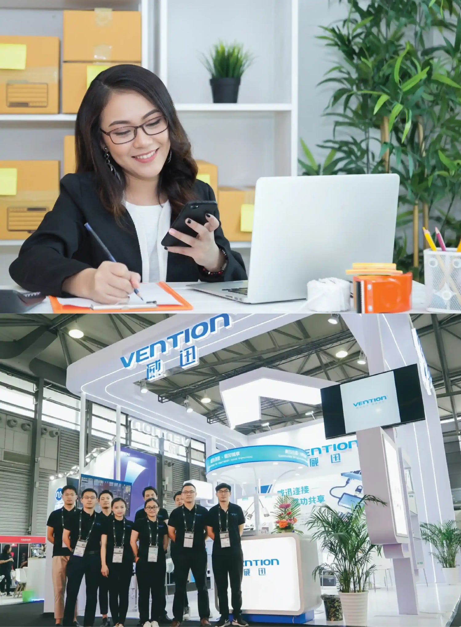 Vention showcasing professional office order management alongside a global trade show booth highlighting the brand’s electronics solutions and team presence.