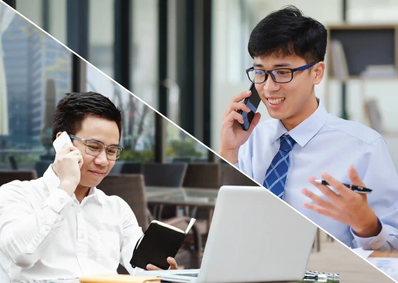 Two individuals engaged in a phone consultation and evaluation for a dealer partnership application.