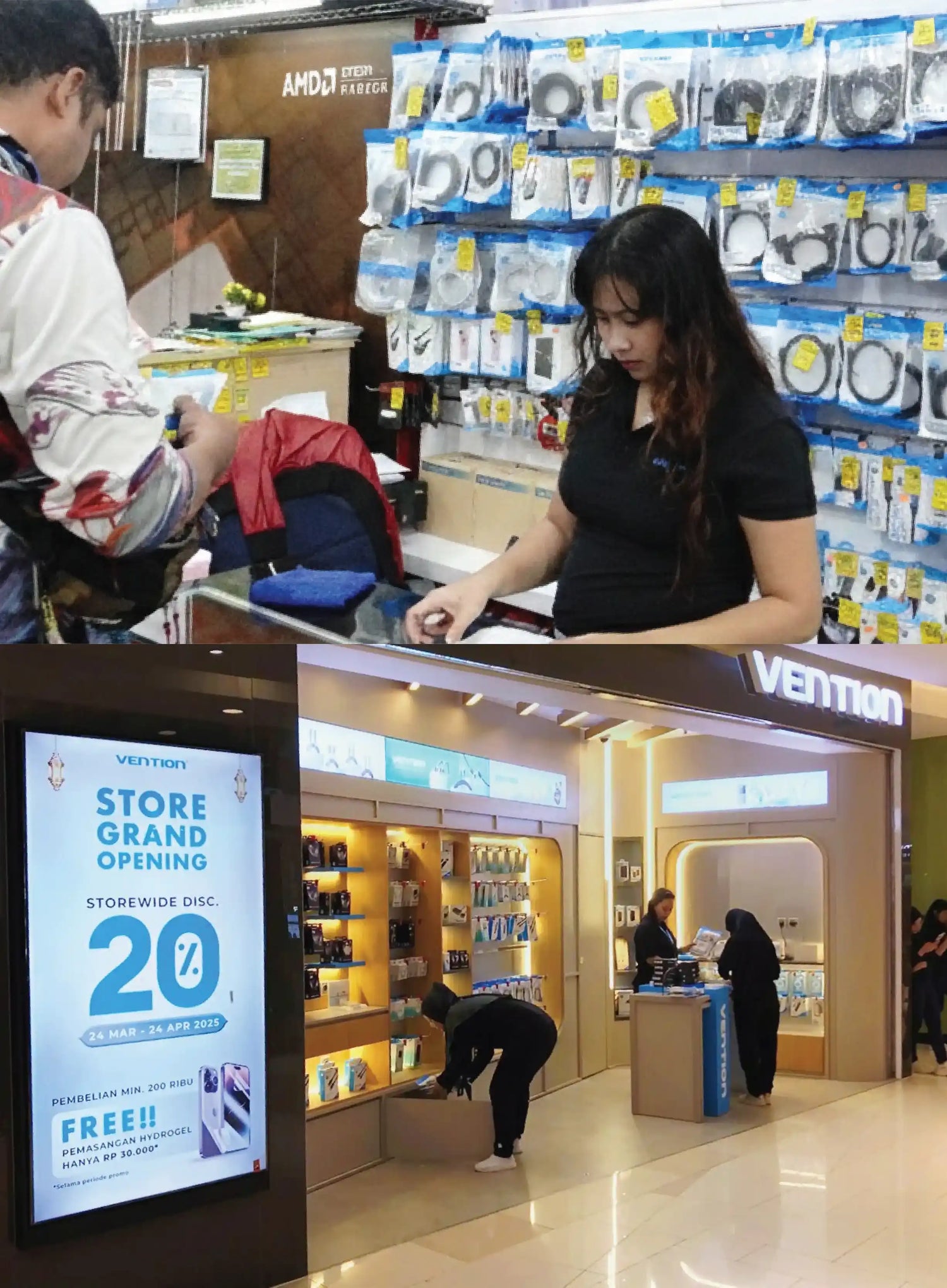 Vention electronics retail store featuring an in-store sales counter and a branded mall location during a store grand opening promotion.