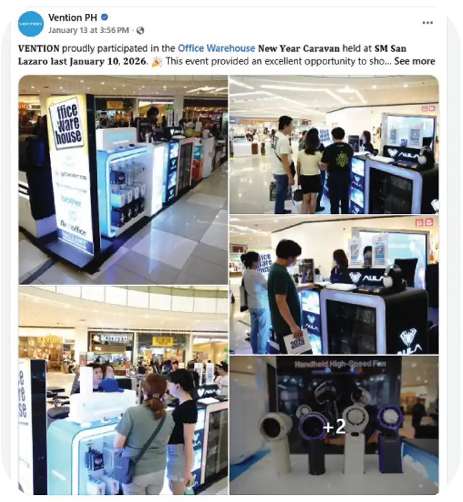 Vention product display booths at an Office Warehouse New Year Caravan event inside a busy shopping mall.