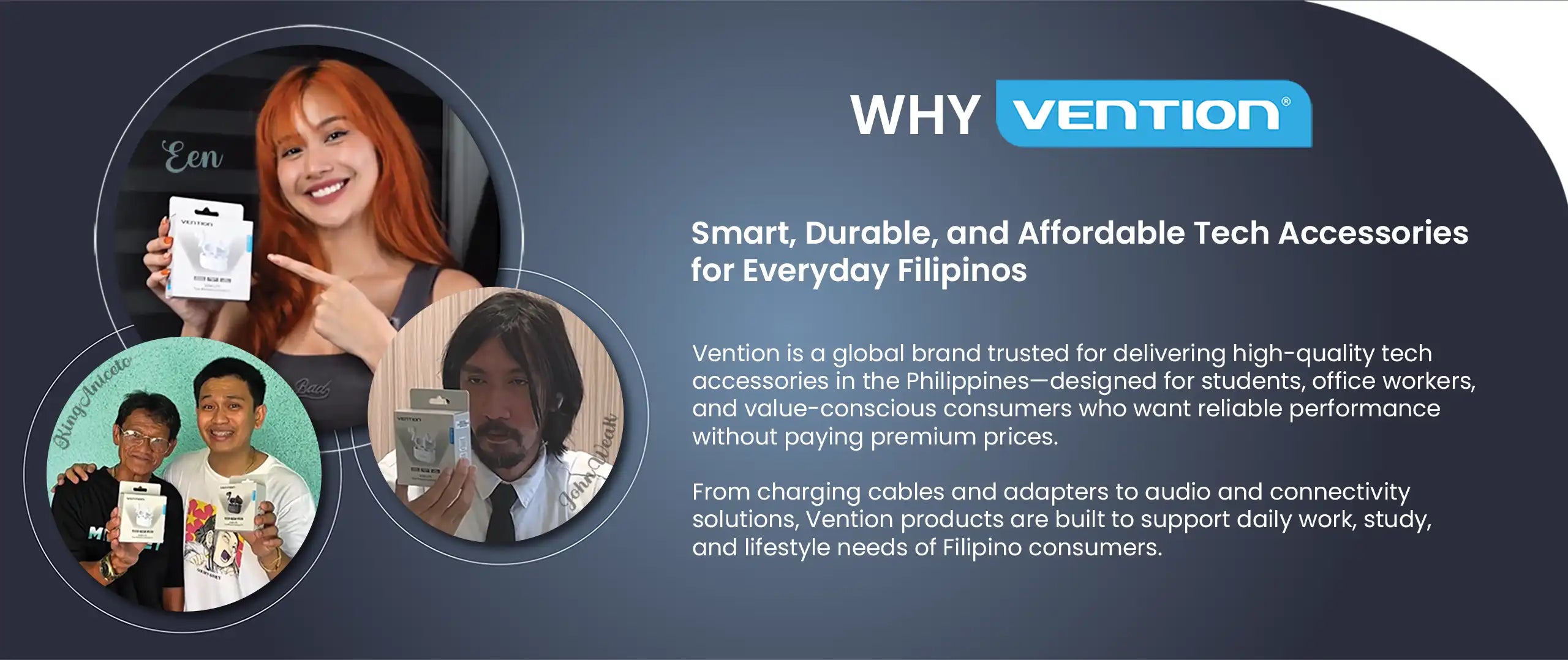 Vention Philippines promotional banner featuring local influencers holding affordable tech accessories.