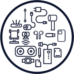 A circular icon containing various line-art illustrations of tech accessories including chargers, cables, earbuds, and routers.