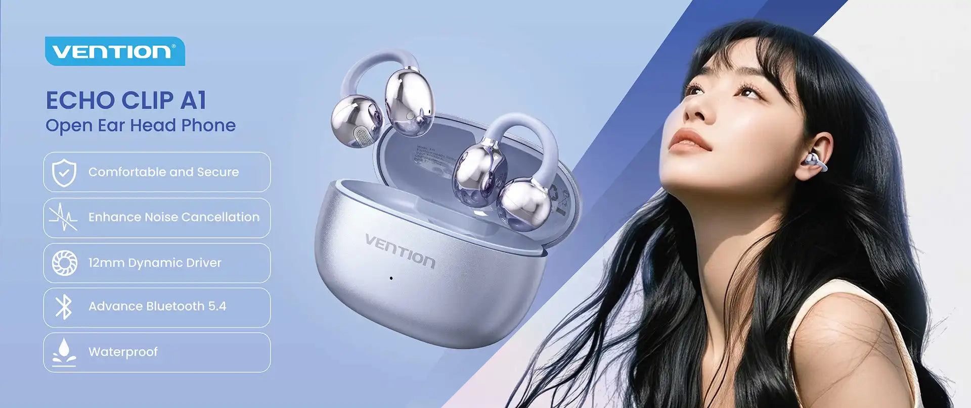Woman wearing Vention Echo Clip A1 headphones, showcasing comfort and style.